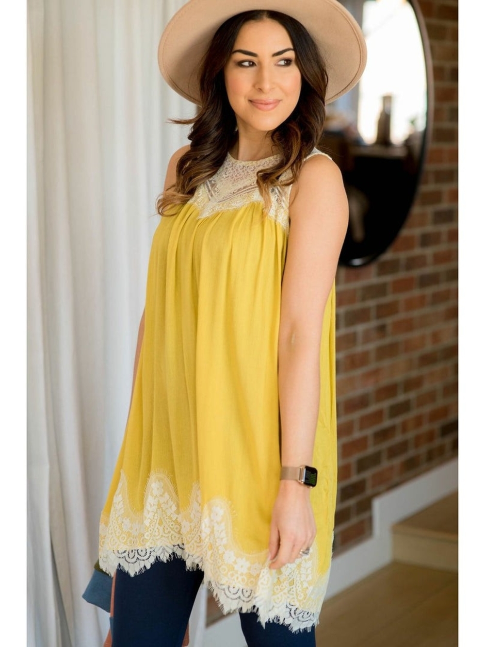 NWT Umgee Sleeveless Lace-Trim Mustard Dress- Small